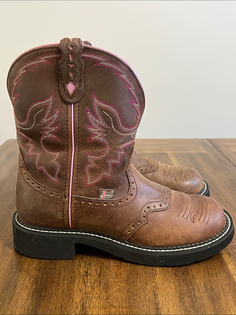 Justin Gypsy Brown Leather Pink Embroidered Western Boots L9903 Women’s 8.5 B